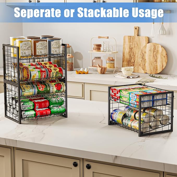 X-cosrack 2-Tier Stackable Can Organizer for Pantry, 3 Packs Adjustable Pantry Organizer Storage for Canned Food Goods Soda, Sturdy Canning Rack Can Dispener Storage Holder for Pantry Kitchen, Black