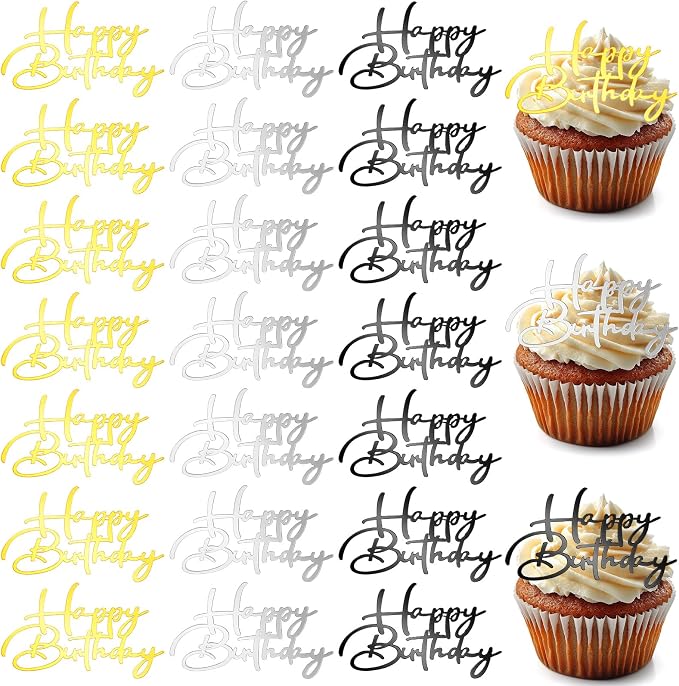 Weysat 30 Pcs Gold Silver Black Mirror Acrylic Cupcake Toppers Happy Birthday Cake Decorations for Birthday Party Cupcake Toppers