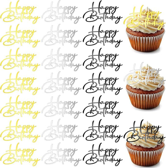 Weysat 30 Pcs Gold Silver Black Mirror Acrylic Cupcake Toppers Happy Birthday Cake Decorations for Birthday Party Cupcake Toppers