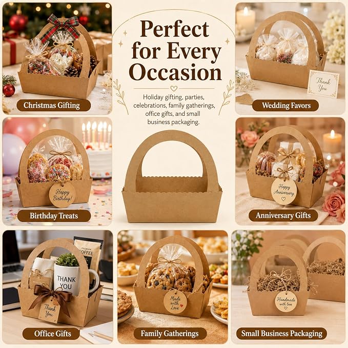 RAINFLOW 13 Kraft Gift Boxes with Handle - Brown Basket for Snacks | Brown Boxes With Handles For Cookies, Donuts, Pastries, DIY and Party Gifting, Christmas, Wedding, Birthday, Anniversary