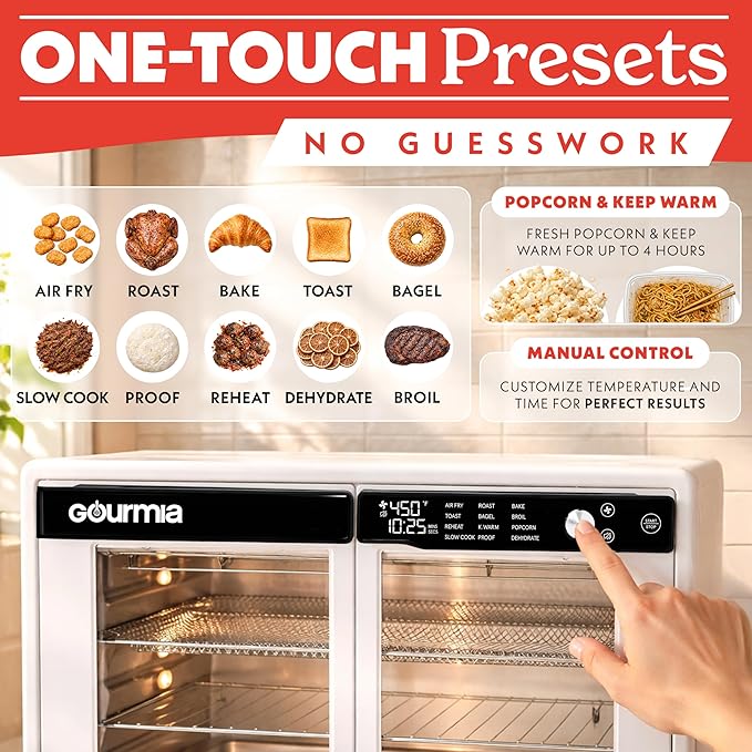 Gourmia French Door Air Fryer Oven - 37 Qt Large Capacity Convection Toaster Oven, FryForce 360°, Digital Display, 12 Cooking Presets, Dehydrate, Fits 13” Pizza, Dishwasher-Safe, White