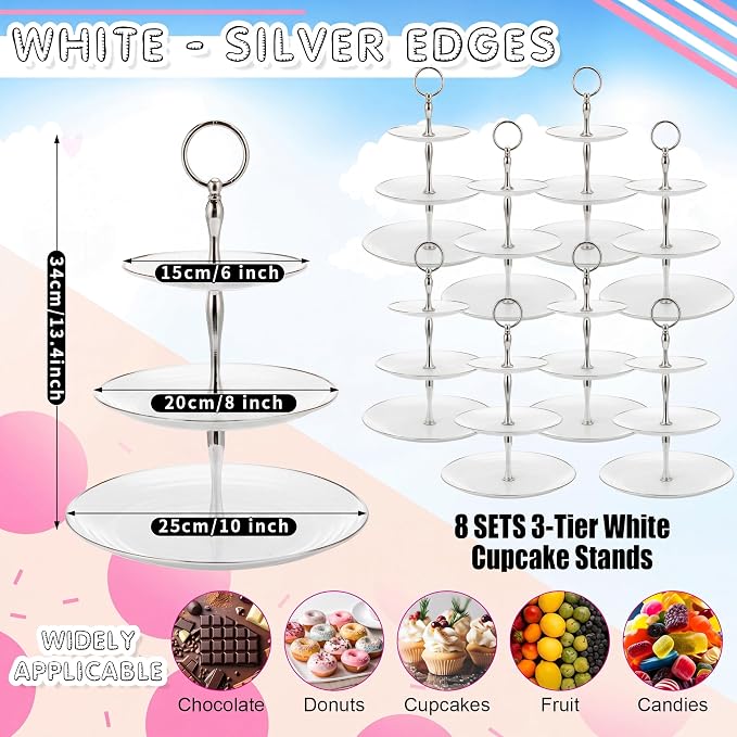 Teenyyou 8 Pack 3 Tier Cupcake Stand Bulk Tiered Dessert Stand Thick Plastic Serving Tray with Gold Edges Dessert Table Display Set Tea Cake Holder for Wedding Birthday Party(Silver White,Round)
