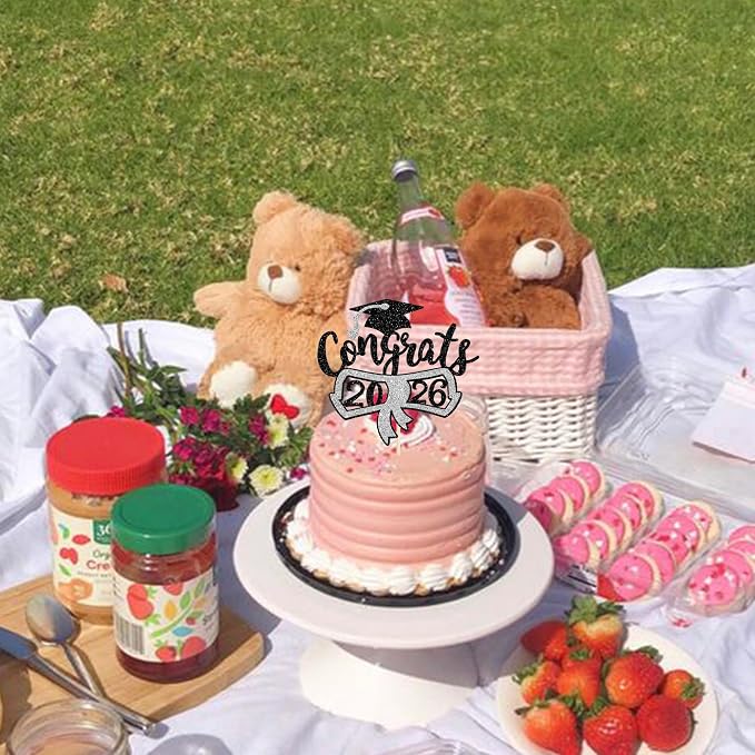 1 Pack Congrats 2026 Cake Topper Glitter Diploma Graduation Cap Cake Pick Contrats Class of 2026 Cake Decorations for 2026 Graduation Theme High School Boys Girls Graduate Party Silver