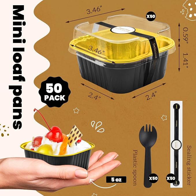 NPLUX 50 Pcs Mini Square Baking Cups with Lids and Spoons Aluminum Foil Mini Cake Pans with Lids Disposable Ramekins Cake Pans Dessert Cups for Wedding, Graduation Gifts Party Favors(Black Gold,5oz)
