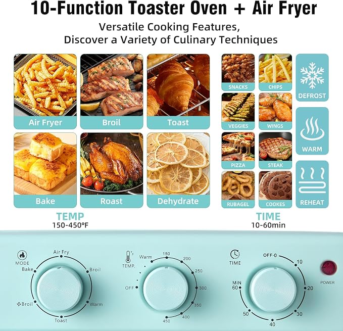 Novaspark Air Fryer Toaster Oven Combo, Retro Convection Oven Countertop,16QT Small Toaster Oven, 4-slices or 9" Pizza,Bake,Toast,Broil, Air Fry, Rapid Heating Mini Conventional Oven, Non-Stick, Blue
