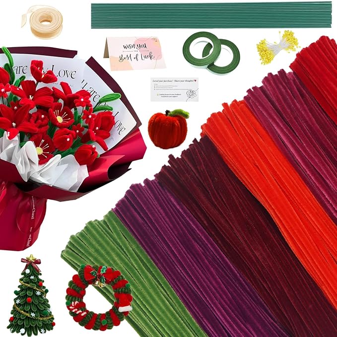 AHAMETON 620Pcs Pulm Red Pipe Cleaner Flower Kit, 6 Colors Bulk Pipe Cleaners Craft Supplies with Wires, Stamens, Ribbon, Tape, Card, DIY Flower Making for Gifts Home Decoration, Party & School Crafts