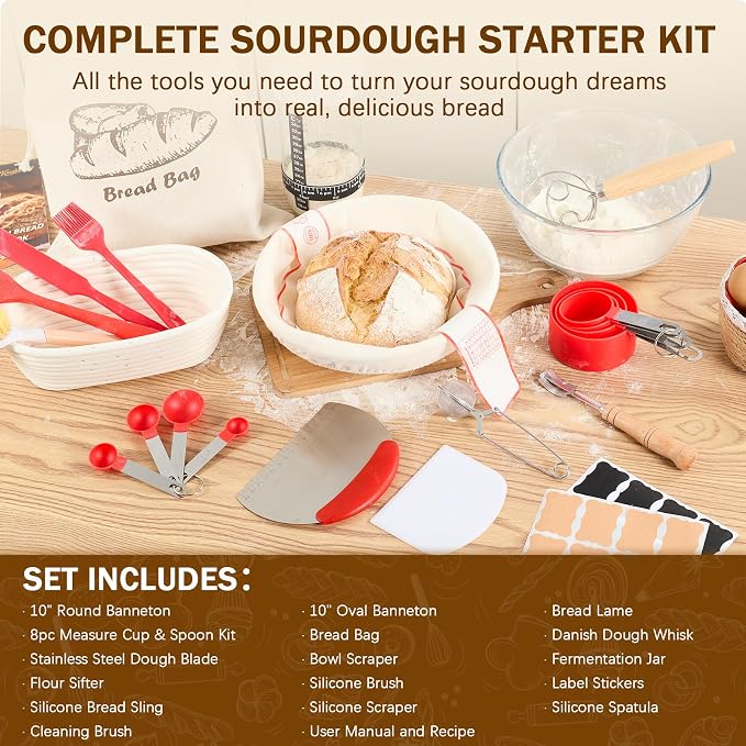 Sourdough Starter Kit & Sourdough Bread Baking Supplies-10" Round & Oval Banneton Proofing Baskets, 32 oz Sourdough Starter Glass Jar, Bread Making Tools, for Bread Making/Baking Fermentation