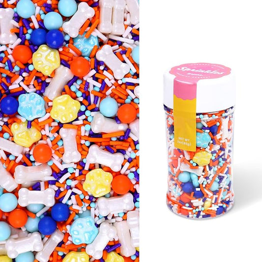 Dog Paw & Dog Bone Birthday Themed Sprinkles - 3oz, Sprinkles for Cupcakes Decorating, Dog Paw Cake Decorations, Orange and Blue Sprinkle Mix for Decorating Cakes, Cookies, Cupcakes, Treats and Candy