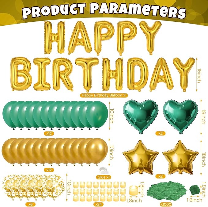 Green Gold Happy Birthday Balloons Decorations Gold Green Birthday Balloon Letters Banner with Star Heart Balloons 1000 Pcs Artificial Rose Petals 24 Flameless LED Candles for Birthday Party Supplies