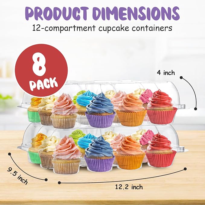 Plastic Cupcake Containers Boxes | 12 Compartment – 8 Pack | Disposable High Dome Dozen Cupcake Holder With Lid Bulk | Extra Sturdy Stackable Cupcake Boxes | Durable Muffin Packaging Transporter To Go