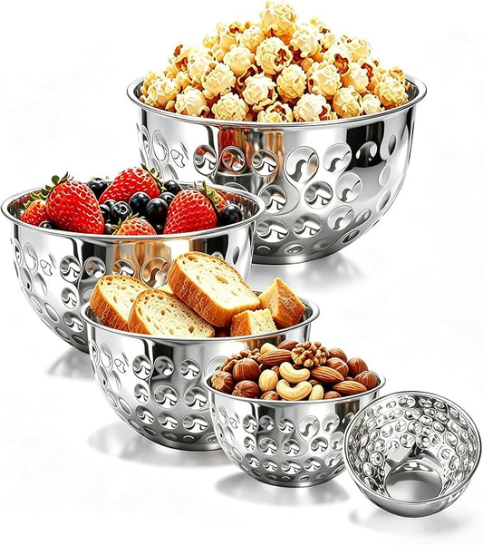 5-Piece Stainless Steel Mixing Bowls (4.9/4.2/3.2/2.1/1.6QT), Hammered Design Nesting Metal Mixing Bowl Set for Kitchen Meal Prep, Movie Night and Party