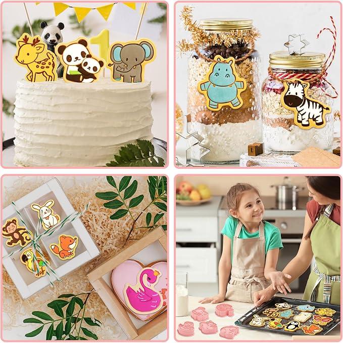 Roshtia 24 Pcs Animal Cookie Cutters with Plunger Stamps Set Plastic 3D Animals Lion Cookie Cutters Stamps for Kids Baking Supplies