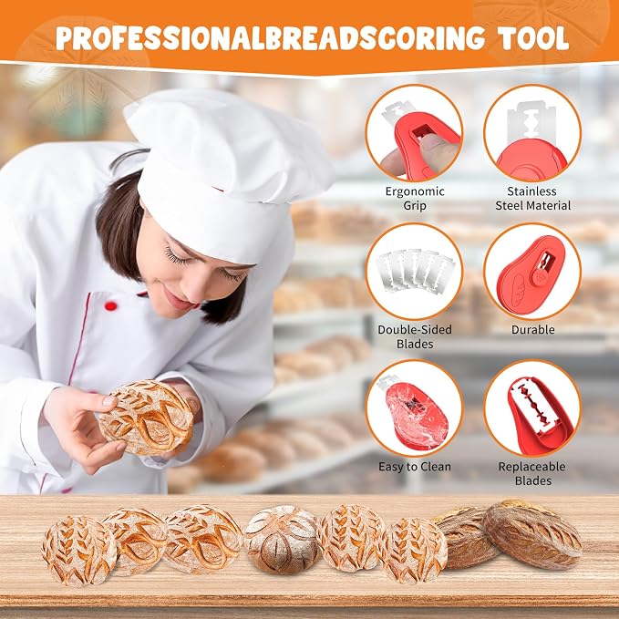 NeoRov Extractable & Magnetic Bread Lame Dough Scoring Tool - Professional Sourdough Scoring Tool - Sourdough Bread Baking & Bread Scoring Tool - Scoring Patterns booklet & 5 Razor Blades (Red)
