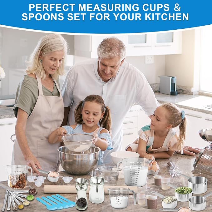 Measuring Cups and Spoons Set 35 Pcs, 11 Stainless Steel Nesting Measuring Spoons and Cups with 12 Measuring Cups, 3 Funnel, 3 Brush, 5 Spoons, 1 Ruler, Measuring Cup Set for Kitchen Baking Liquid Dry