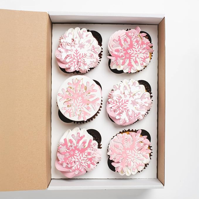 Gyufise 50Pcs Edible Snowflake Cupcake Cake Toppers Wafer Paper Snowflake Cake Decorations for Christmas Winter Frozen Theme Party Supply Decoration Multi Pink