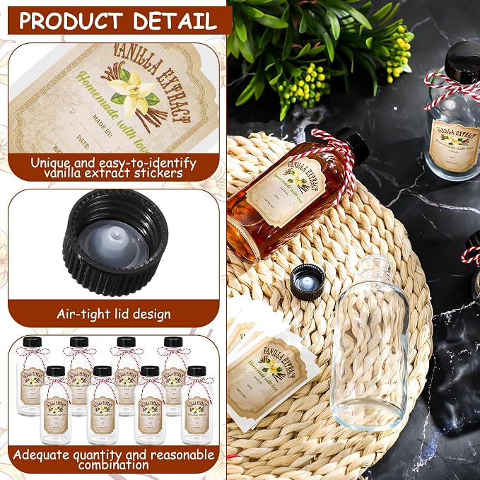 Uiifan 8 Pcs 4 oz Vanilla Extract Bottles Boston Round with Caps Glass Bottle and 8 Pcs Vanilla Extract Labels Stickers for Syrup Gift Glass Food Storage Canister Set Sauce Beans