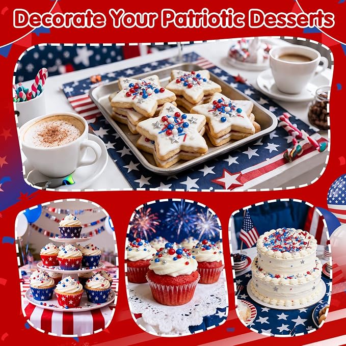 Edible Patriotic Sprinkles for Cake Decorating,130g,July 4th Pearl Sprinkle for Baking Decorations,Blue Red and White Pearls Jimmies,Silver Star and Sugar Crystals Mix,Cookies,Ice Cream,Fondant Cake,Cupcakes,Desserts,Memorial Day,Flag Day,Juneteenth,In...