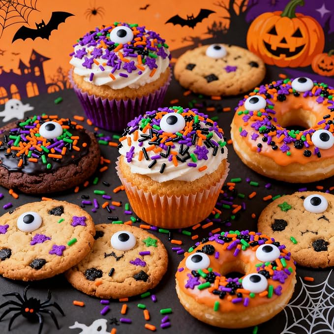 Halloween Sprinkles Mix with Edible Candy Eyes - Black Orange Purple Green Jimmies for Cake Decorating, Cookies, Cupcakes, Baking, and Halloween Party Supplies, Scary Theme Sprinkles