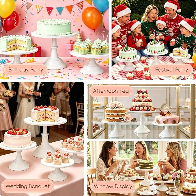 Three-piece Cake Stand Set, Metal Round Trays, 8-inch, 10-inch, and 12-inch, for Dessert Table displays; Perfect for Christmas, Thanksgiving, Birthdays, Weddings, and Other Celebrations(White)