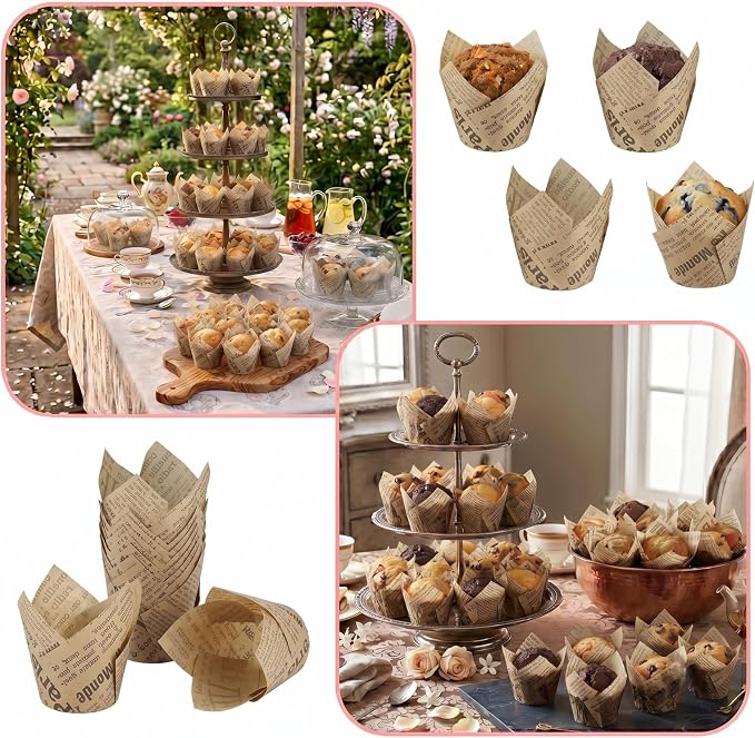 200 Pcs Newspaper Tulip Cupcake Liners for Baking, Natural Color | Standard Greaseproof Tulip Muffin Liners for Baking, 3oz Newspaper Paper Cupcake Wrappers for Party Wedding Birthday