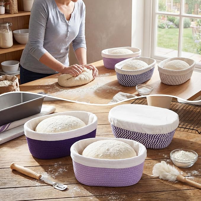 4 Pcs 10 Inch Cotton Rope Banneton Bread Proofing Basket Set Oval Banneton Basket Sourdough Bread with Liners Covers for Baking Supplies (Purple Tones)