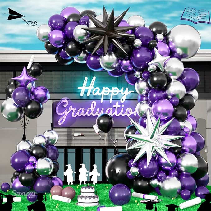 Purple Black Balloon Arch Kit, Black Purple Silver Balloons garland Arch kit, Sliver Star Foil Balloons For Birthday Baby Shower Party Wedding Bachelorette Bridal Shower Graduation Halloween Decor