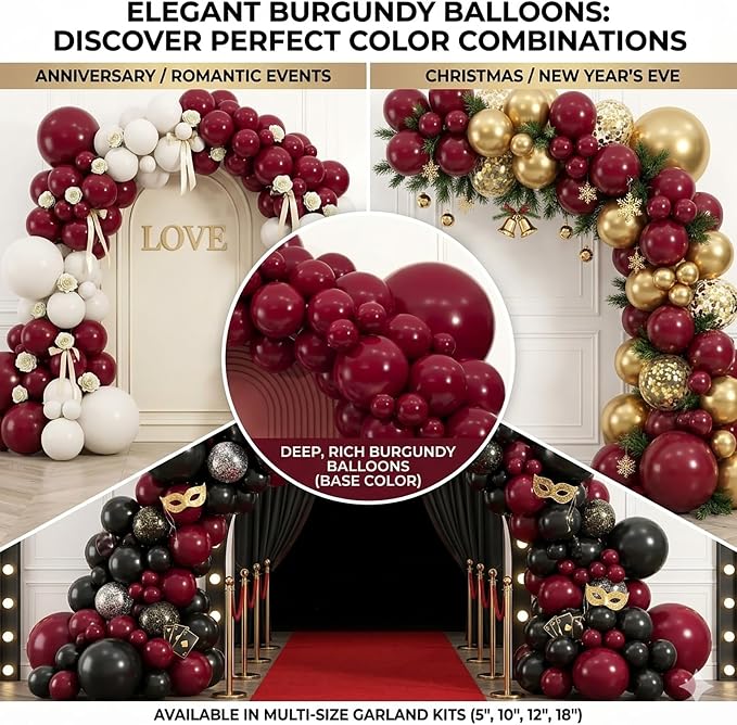 104pcs Burgundy Balloons Different Sizes Pack - 18/12/10/5 Inch Maroon Latex Balloons Garland Arch for Birthday, Wedding, Baby Shower, Valentines Day Party Decoration