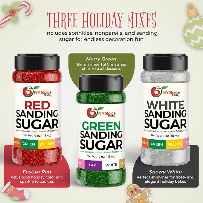 NY Spice Shop Sanding Sugar – Pack of 3 Red Green & White Baking Sugar Crystals - Holiday Dessert Decorations & Colorful Sugar - Themed Baking Supplies