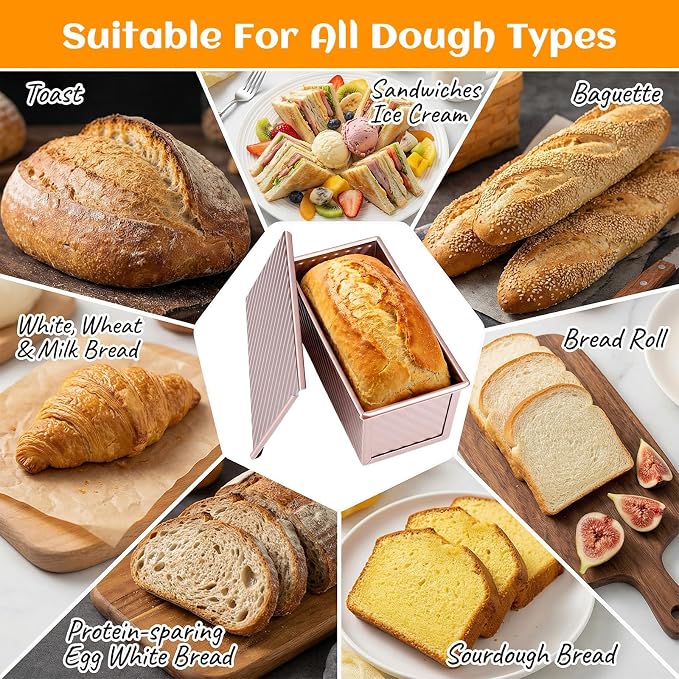 3 Pack Pullman Loaf Pan with Lid, 2.2LB/1LB/0.5LB Dough Capacity Non-Stick Sandwich Bread Pan, Carbon Steel Corrugated Toast Mold for Homemade Bread Baking (Golden)