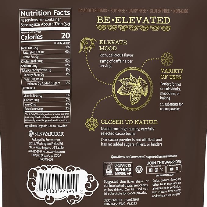 Pure Cacao Powder Organic Unsweetened & Raw | Premium USDA Organic Cacao Powder for Baking Smoothies and Hot Chocolate | Non-Alkalized No Added Sugar Non-GMO Gluten Free Vegan & Kosher (455g)