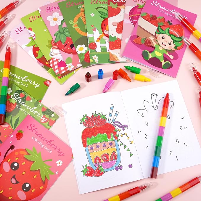 BenLouis 24 Strawberry Mini Coloring Books Kids with 24 Stacking Crayons Berry Party Favors Activity Books Bulk for Kids Girl Fruit First Goodie Bag Gift Stuffer Classroom Reward