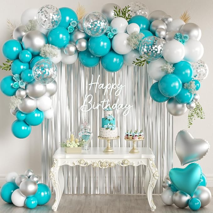 157PCS Teal Blue Silver White Balloons Garland Arch Kit with Silver Fringe Curtain for Boys Christening Birthday Bridal Baby Shower Engagement Wedding Party Decorations