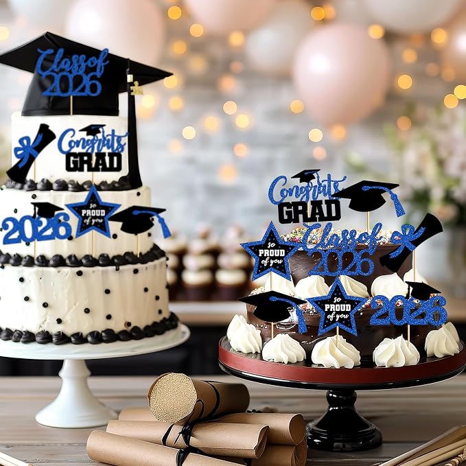 48 PCS Grad Cupcake Toppers, 6 Styles Graduation Cake Topper, Congrats Graduation Decorations 2026, Glittery Black and Blue Cap and Diploma Cake Picks for Grad Decor Party Supplies