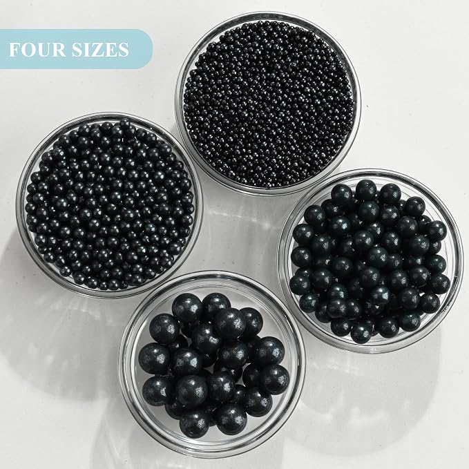 Homankit Edible Black Pearl Sprinkles for Baking, 4 Sizes Mix Sugar Pearls Cake Decorations for Cupcake Toppers Cookie Decorating Birthday Party Wedding Halloween Christmas Supplies