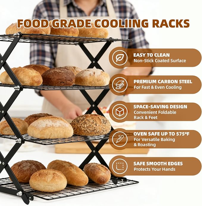 4 Tier Collapsible Cooling Rack with Adjustable 6 Setting Design stackable wire rack for baking sheet for Cookies Baking Gifts for Women (Black, 4-Tier)