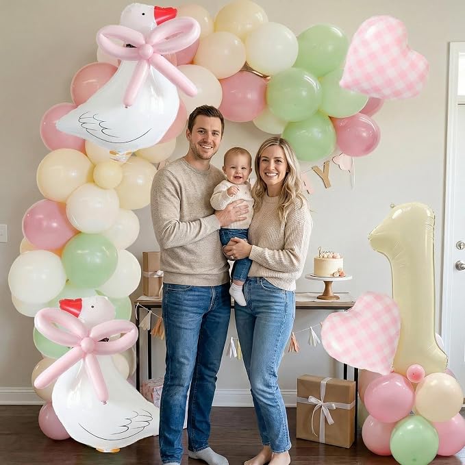 One Silly Goose 1st Birthday Balloon Arch Kit - Light Green, Soft Pink, Cream Macaron Balloon Garland with Goose Foil Balloons and 32" Cream Number 1 for Girls Boys First Birthday Party Decorations