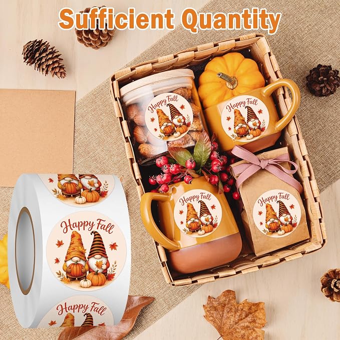 Louise Maelys 500 Pcs Happy Fall Stickers 1.5Inch Autumn Sticker Roll | Gift Wrapping, Thanksgiving Decor, Envelope Seals, Cards, DIY Crafts，Waterproof,Easy to Peel and Stick