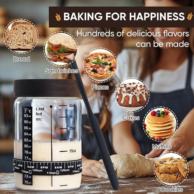 77L Sourdough Starter Jar, 35 oz Sourdough Starter Kit with Date Marker Feeding Band, Thermometer, Food-Grade Scraper, Cloth Cover and Acacia Wood Lid, Sourdough Bread Baking Supplies