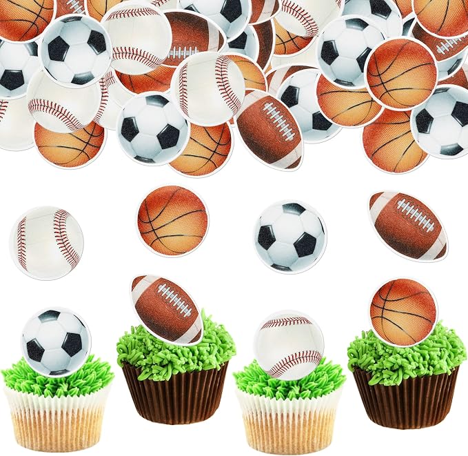 48 PCS Edible Sports Cupcake Toppers Wafer Paper Baseball Rugby Cupcake Picks Edible Basketball Soccer Football for Cake Decorating Sports Ball Game Theme Kids Birthday Party Cake Decorations Supplies