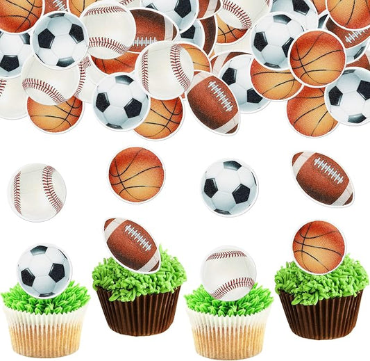48 PCS Edible Sports Cupcake Toppers Wafer Paper Baseball Rugby Cupcake Picks Edible Basketball Soccer Football for Cake Decorating Sports Ball Game Theme Kids Birthday Party Cake Decorations Supplies