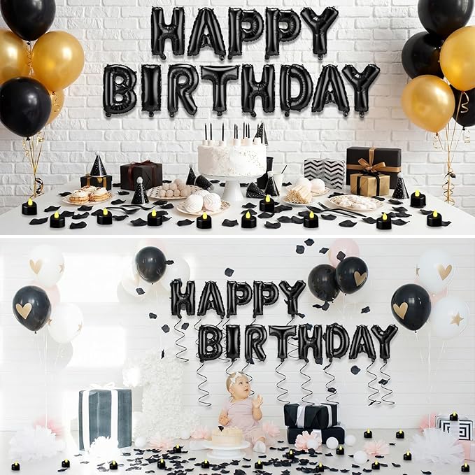 Black Happy Birthday Balloons Decorations Happy Birthday Letter Balloons Banner Set with 24pcs Heart Flameless LED Candles and 2000pcs Artificial Rose Petals for Women Men Room Party Decor