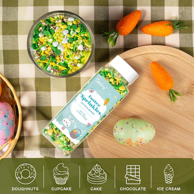 Cobakey Spring Sprinkles for Cookies 4.23 Ounce Green Sprinkles for Baking Gold Star Edible Heart Perfect for Easter Cake Decorations, Baking, Ice Cream, Cookies, Cupcake Topper