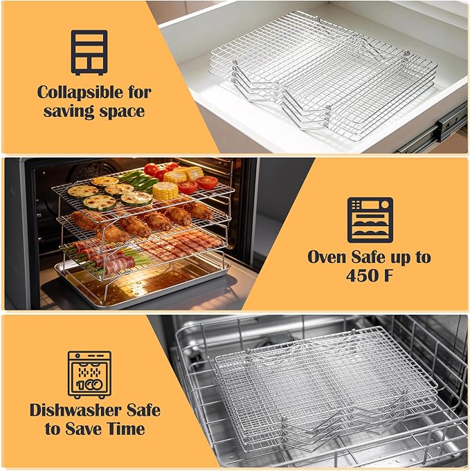 P&P CHEF 3 Tier Cooling & Baking Racks, Stainless Steel Stackable Grid Cooking Rack for Cooling Roasting Grilling, Collapsible & Heavy Duty, Oven & Dishwasher Safe, 15" x 10"