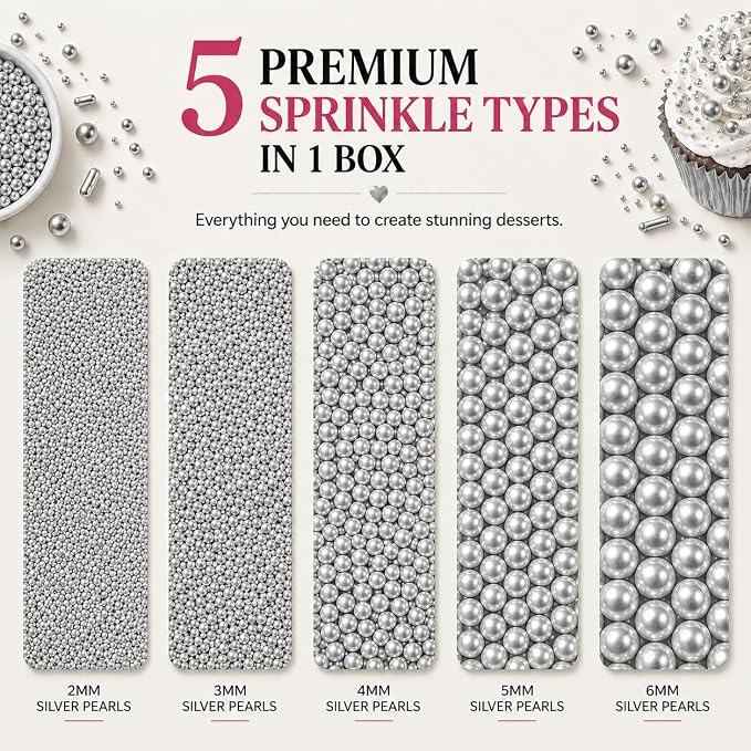 Confect Pearl Sprinkles | Assorted pack of 5 Shimmering Sliver Disco Ball Christmas, Birthday & Celebration Sprinkles | Mix Silver Pearl Dragees - Vegan, Gluten-Free, Nut-Free, Soy-Free, Dairy-Free, Palm Oil-Free, No Artificial Dyes - 5 Oz