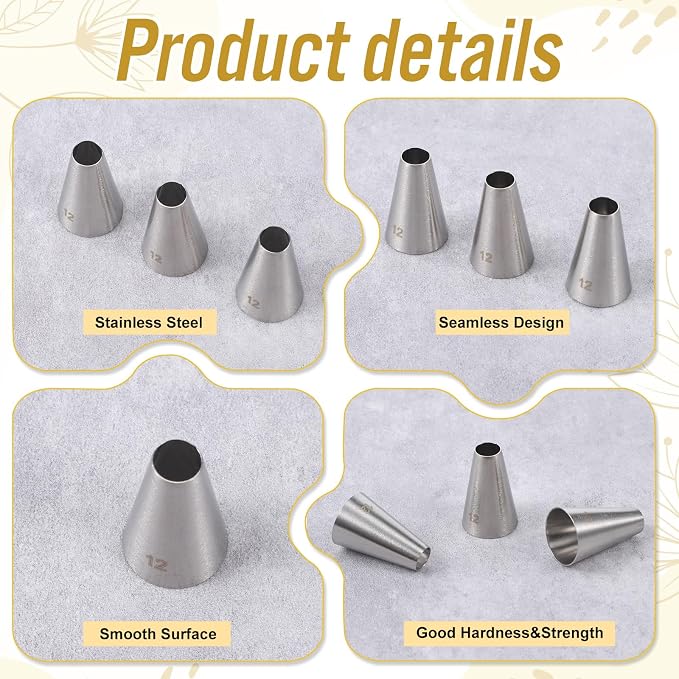 3 Pcs Big Piping Tips Large Round Piping Tips Set #12 Macaron Cake Decorating Tip Frosting Tip for Macarons Filling,Swril, Ball, Dots, Figure Pipings Cupcakes Cakes Cookies
