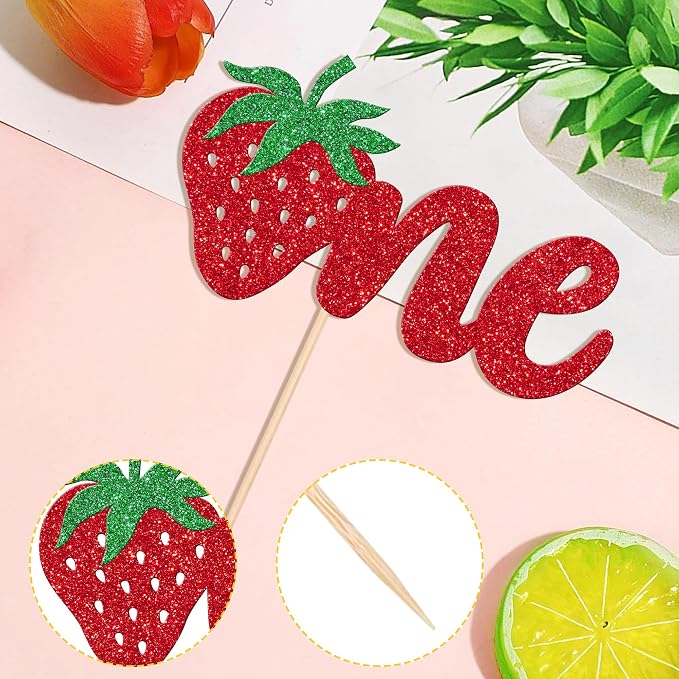 1 PCS Strawberry One Cake Topper Glitter First Birthday Sweet One Strawberry Cake Pick Berry 1st Birthday Cake Decoration for Strawberry Theme Baby Shower Kids 1st Birthday Party Supplies Red