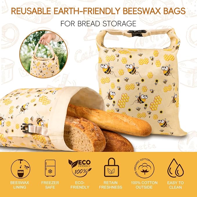 2 Pack Beeswax Bread Bags for Homemade Bread, Bees Wax Bread Bags Storage for Homemade Sourdough with Removable Beeswax Lining, XL 17'' x 13'', Freezer Friendly, Keeps Fresh