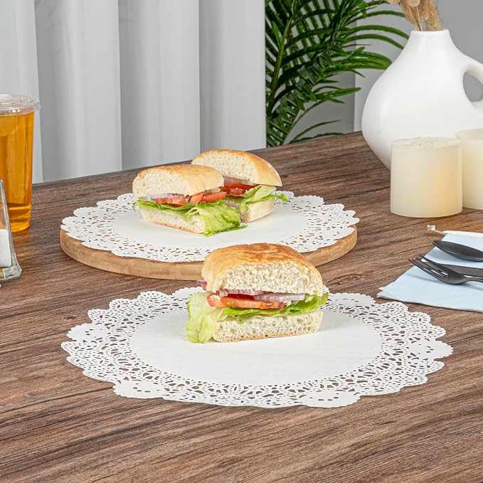 Restaurantware Pastry Tek 12 x 12 Inch Lace Doilies 100 Decorative Tableware Placemats - Disposable Round White Paper Table Doilies For Birthdays Or Weddings Table Decor