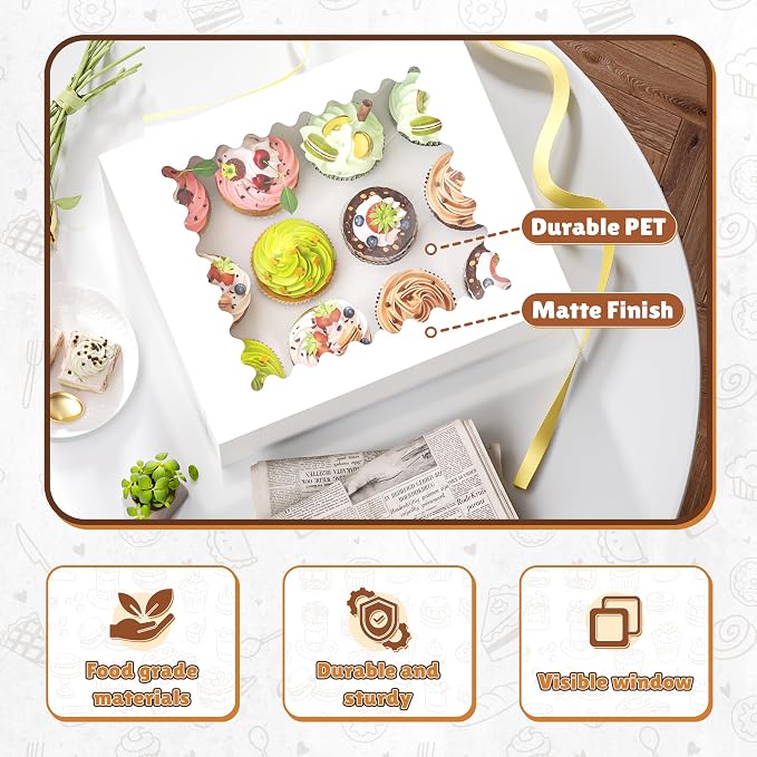 RYDDOY 12 Pack Cupcake Boxes, Hold 12 Standard Cupcakes, Cupcake Containers with Window and Inserts, High Grade Cupcake Holder, for Birthday Holiday Party, Supplies for Cupcakes, Desserts and More