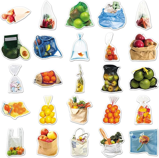 50 Pcs Bagged Food -Fruit and Vegetable Stickers Pack - Cute Cartoon Produce Decals in a Bag for Kids Learning, Kitchen Labels, Healthy Eating - Teacher & Parent Supplies (Bagged Food)